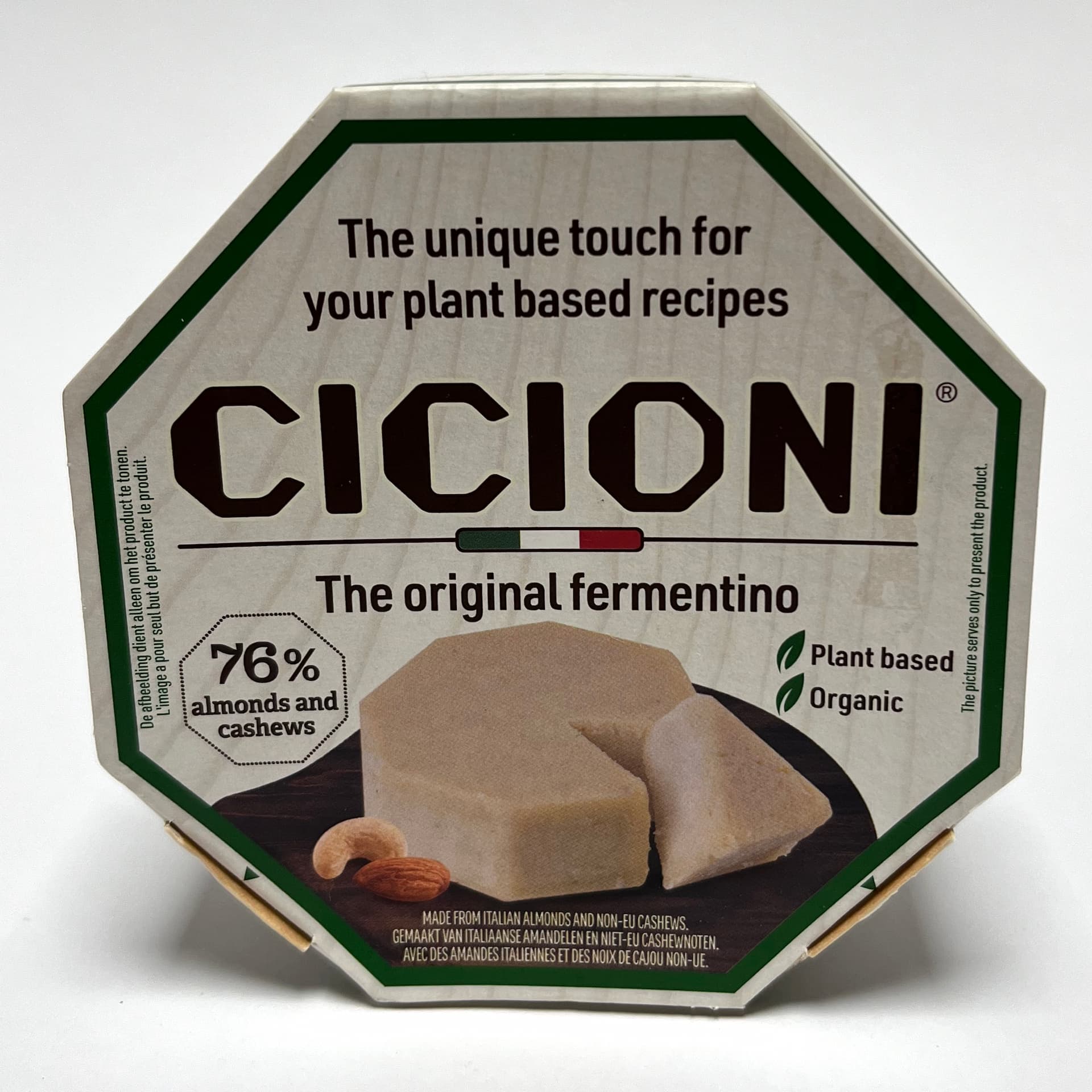 Front of packaging of Cicioni vegan cheese by Casa del fermentino