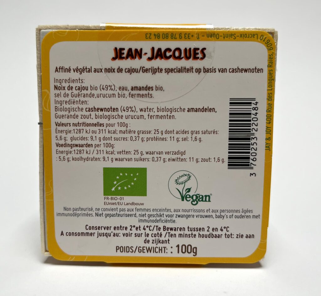 Back of packaging of Jean-Jacques vegan cheese by Jay & Joy