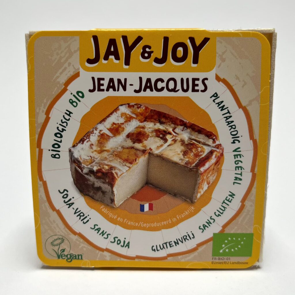 Image of front of packaging of Jean-Jacques vegan cheese by Jay & Joy