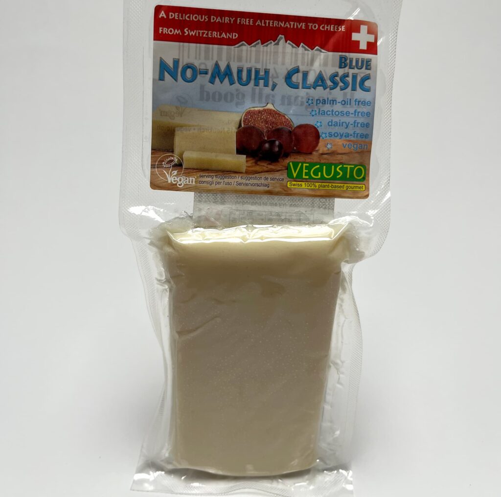 Front of packaging of No-Muh Blue Classic vegan cheese by Vegusto