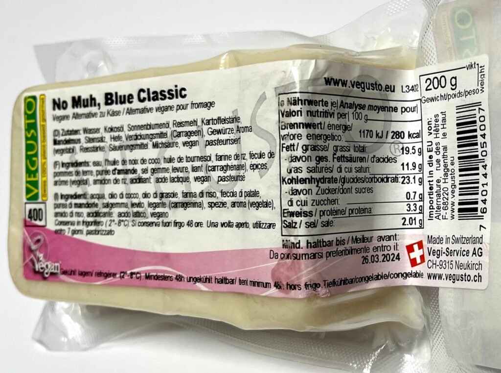 Nutritional values on the back of packaging of No-Muh Blue Classic vegan cheese by Vegusto