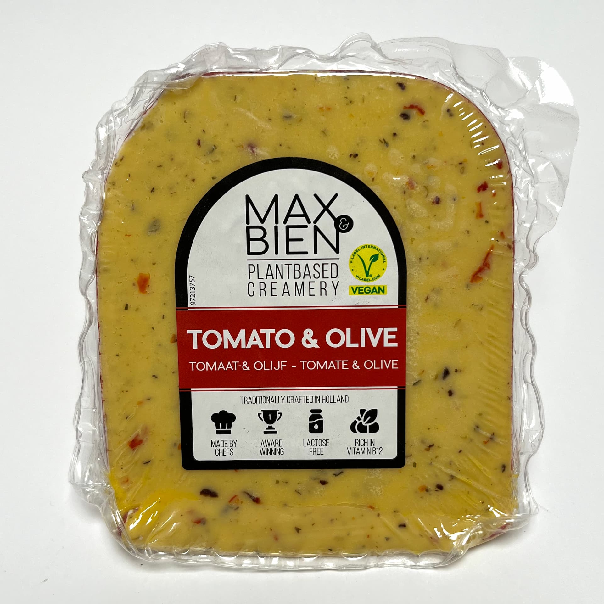 Front of packaging of Tomato & Olive vegan cheese by Max & Bien