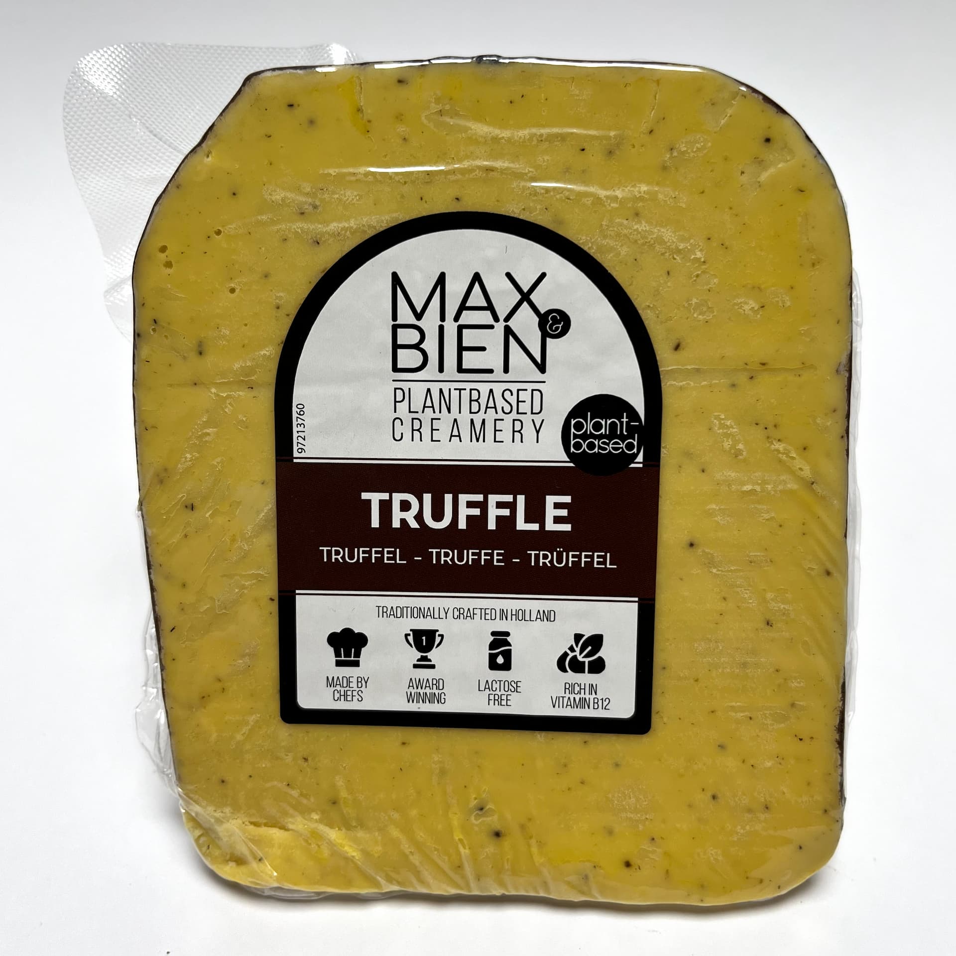 Image of front of packaging Truffle vegan cheese by Max & Bien