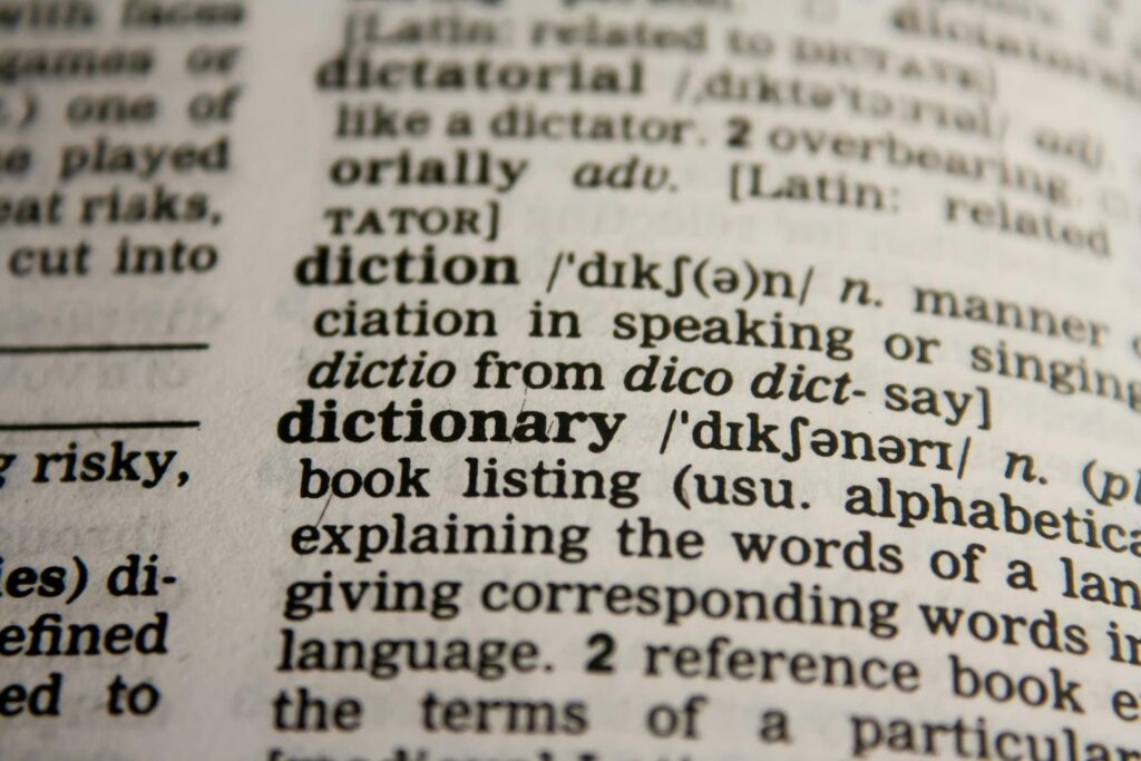 Definition of the word dictionary in a printed dictionary