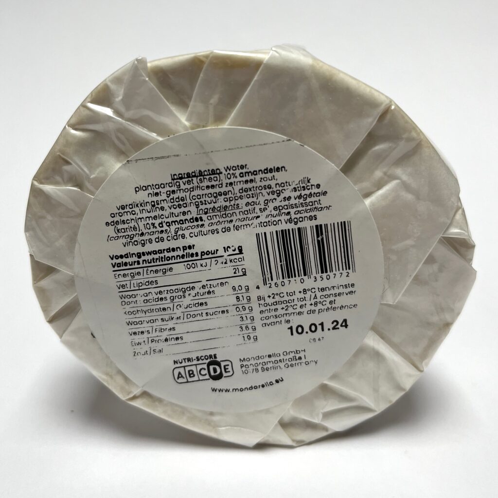 Back of packaging of Soft White vegan cheese by Mondarella