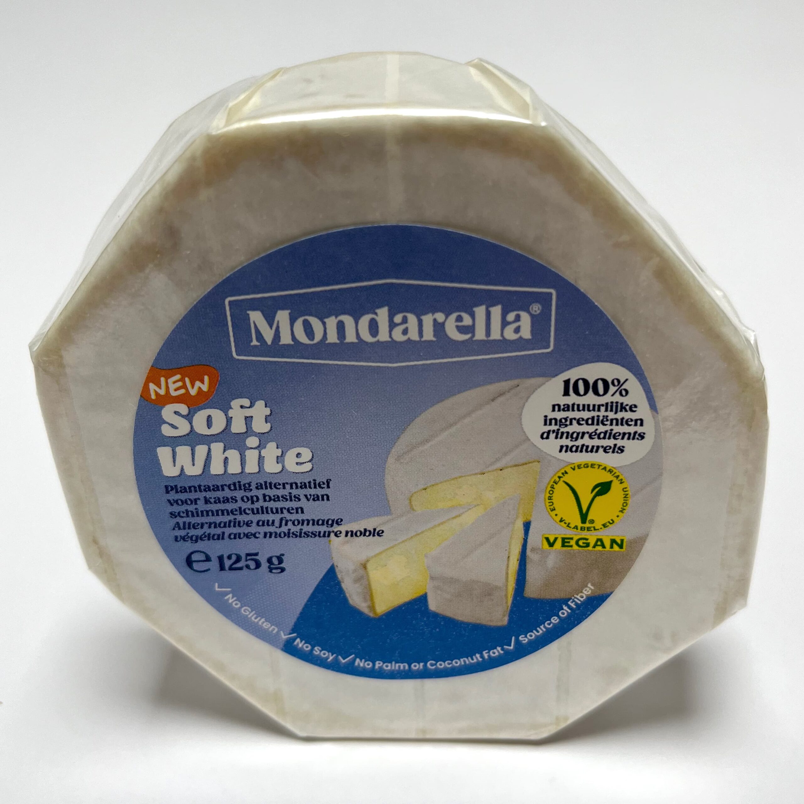 Front of packaging of Soft White vegan cheese by Mondarella