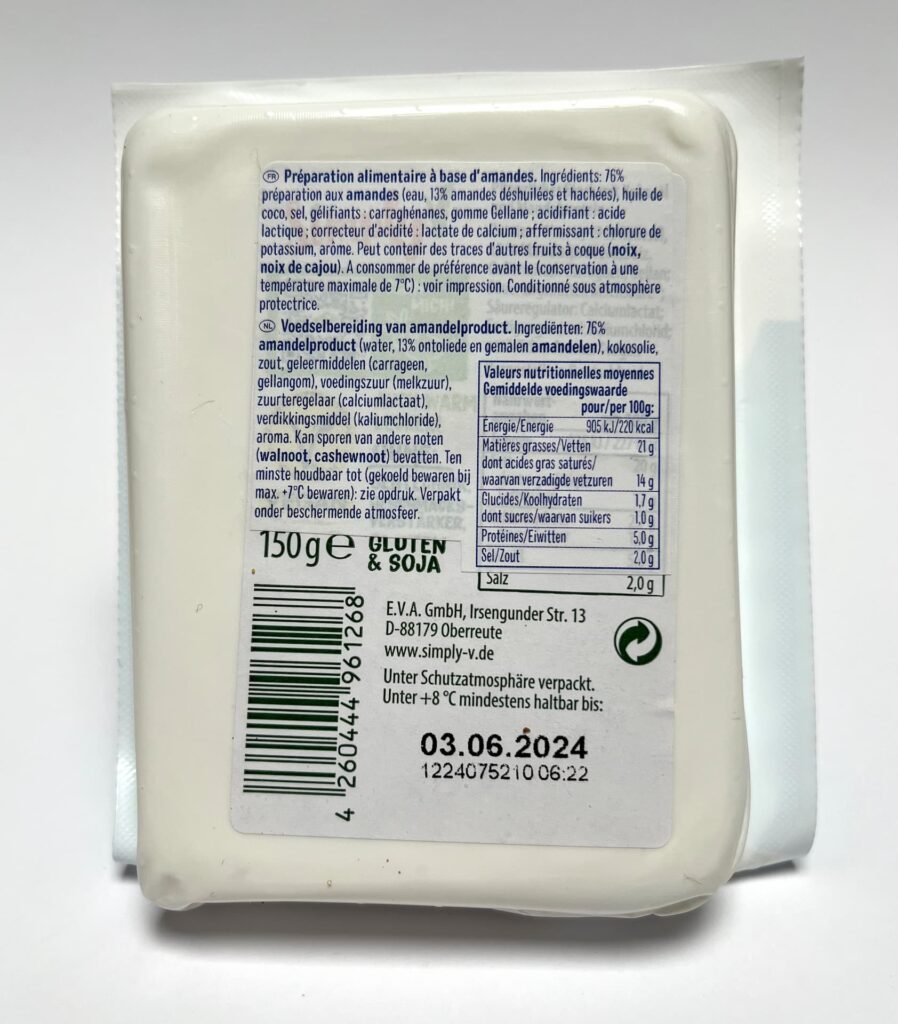 Back of packaging of feta-like vegan cheese by Simply-V