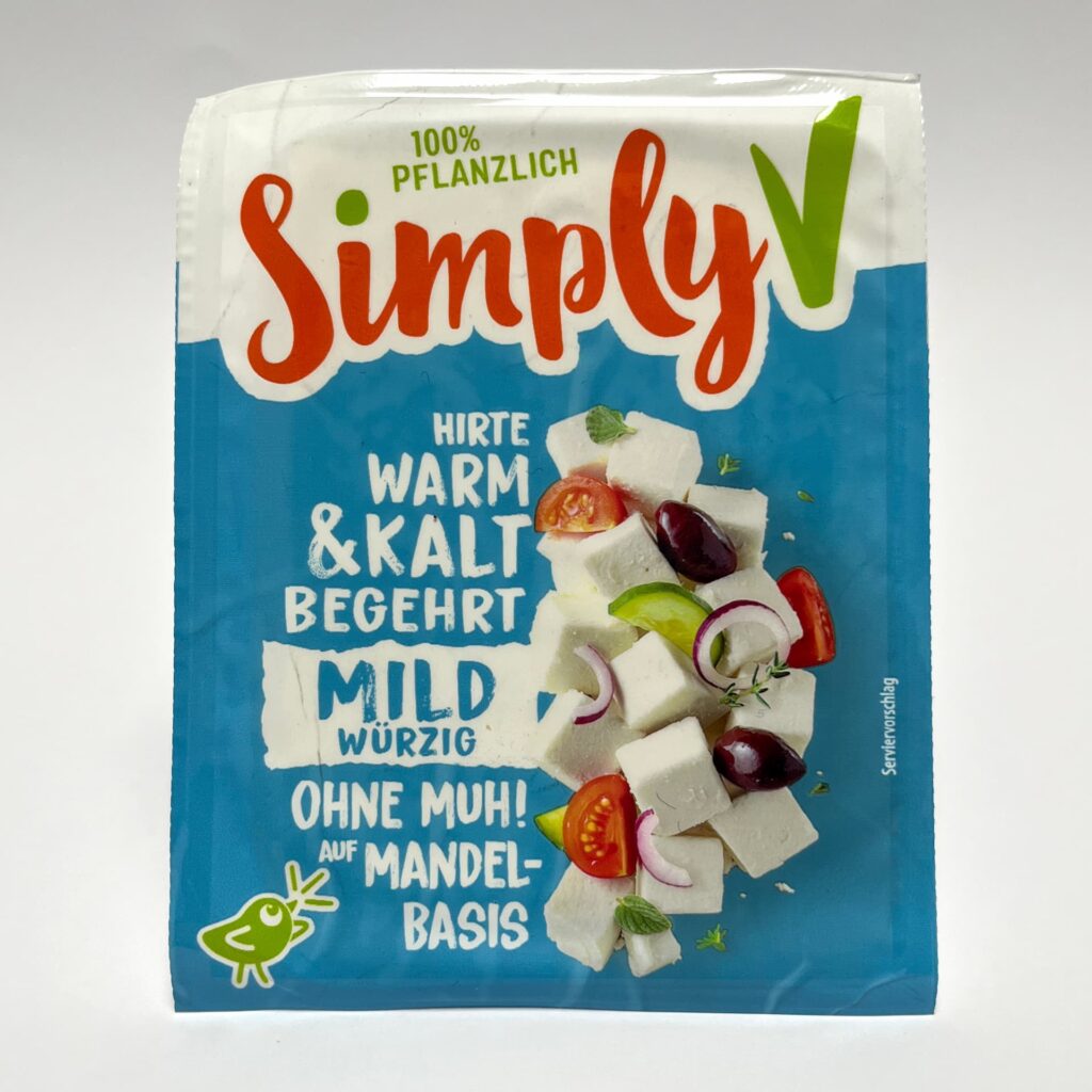 Front of packaging of feta-like vegan cheese by Simply-V