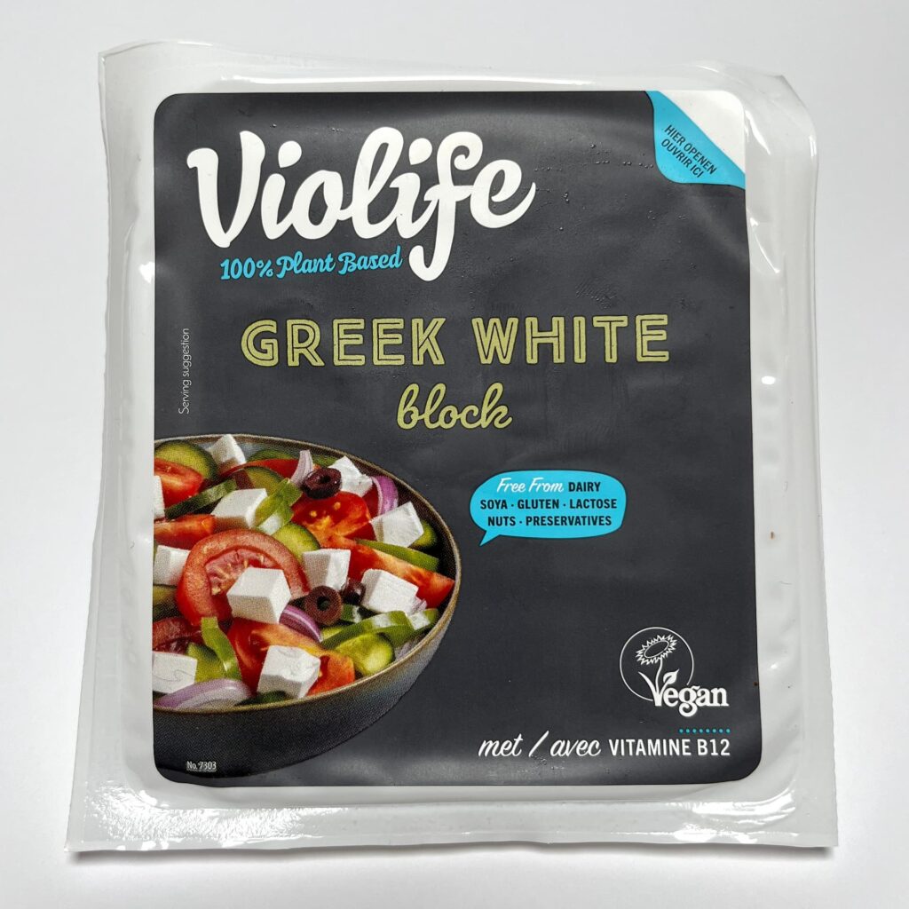 Front of packaging of Greek White vegan cheese by Violife