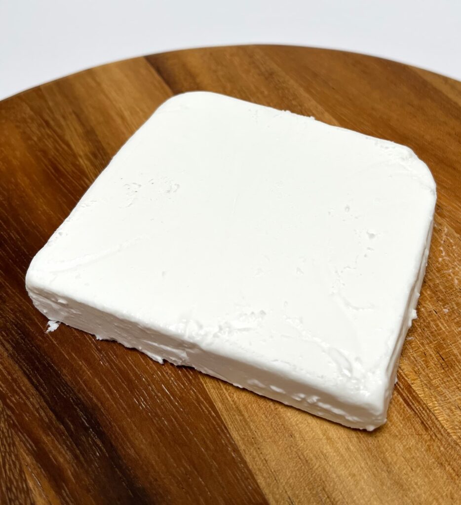 Top view of Greek white vegan cheese by Violife