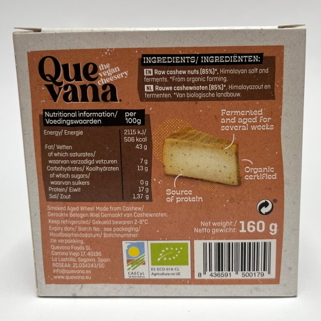 Back of packaging of Smoked vegan cheese by Quevana