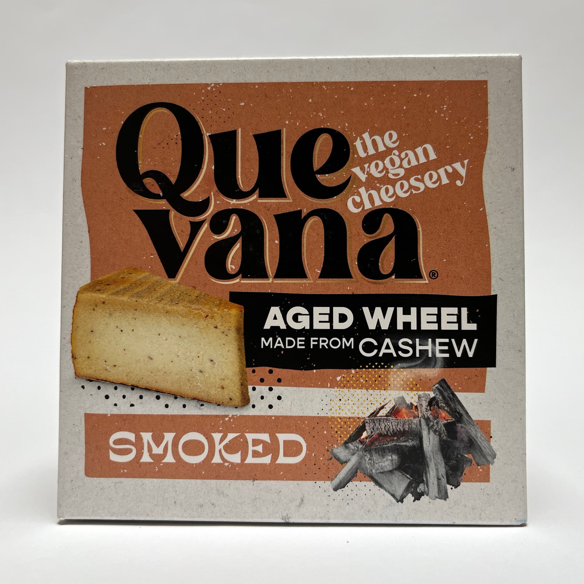 Front of packaging of Smoked vegan cheese by Quevana