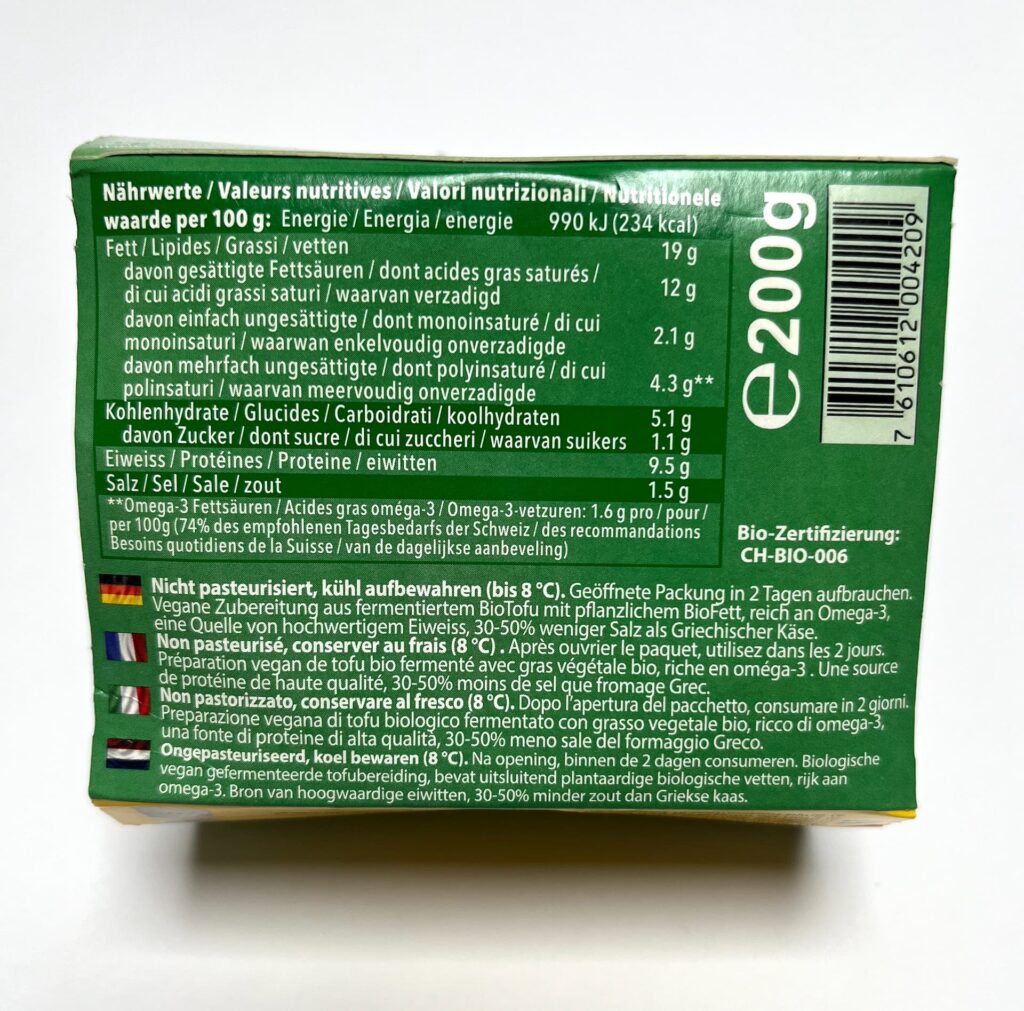 Back of packaging of Soyananda vegan cheese by Soyana