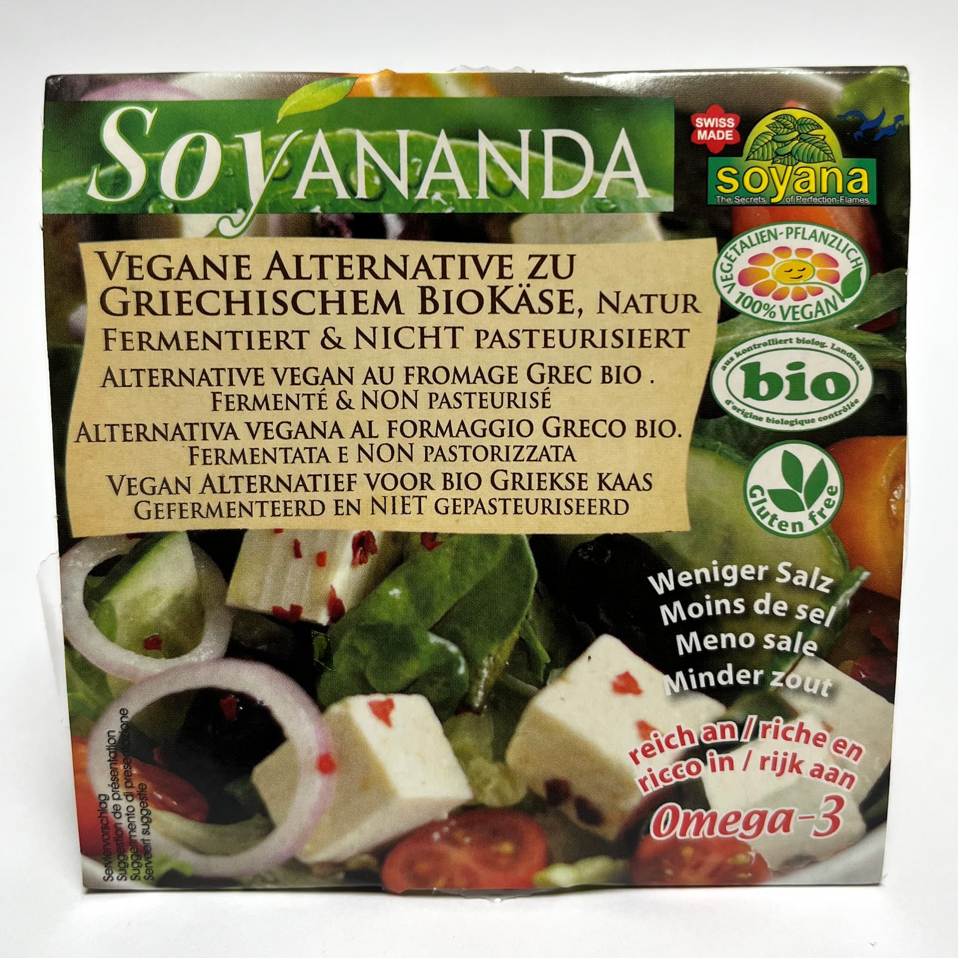 Front of packaging of Soyananda vegan cheese by Soyana