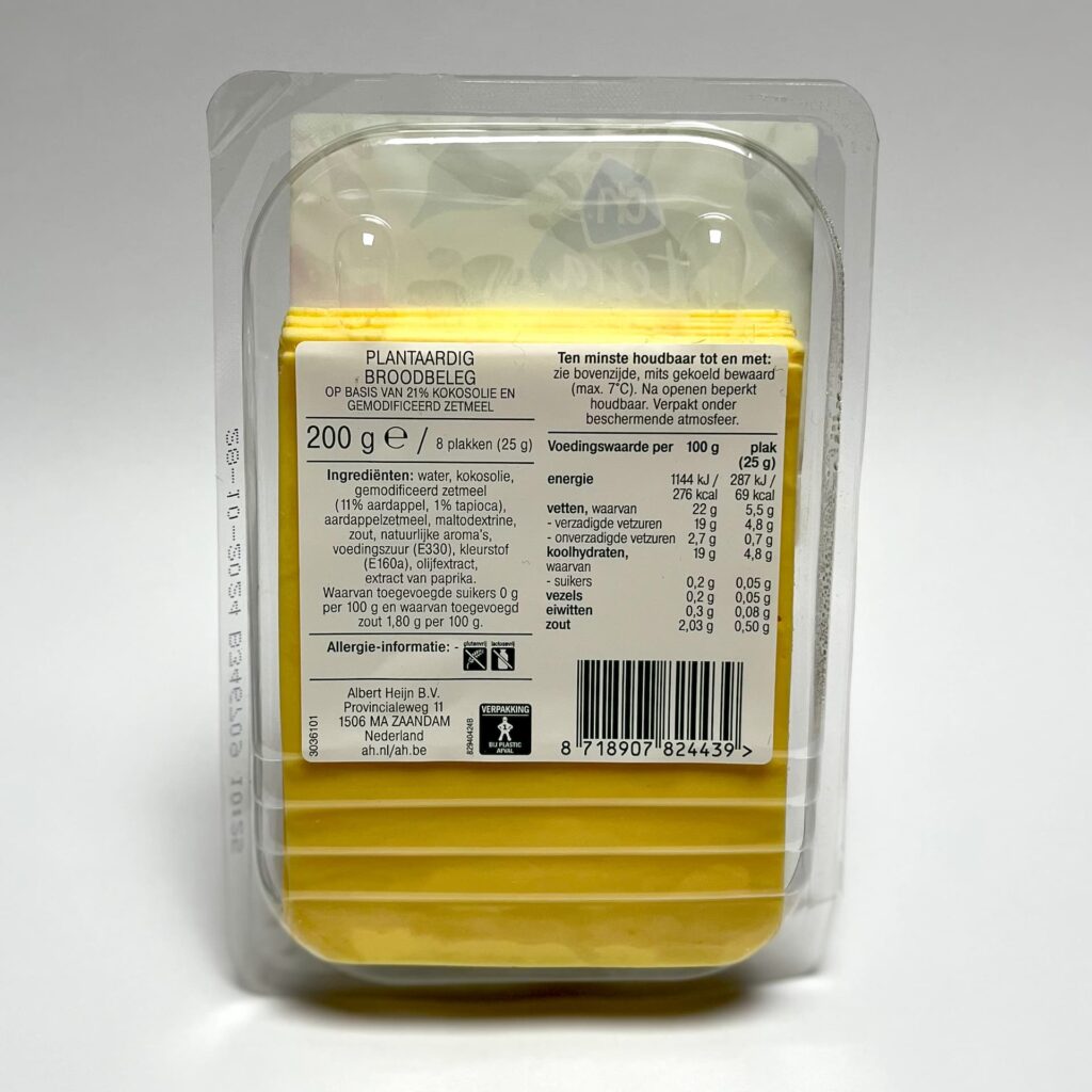 Back of packaging of Mild slices vegan cheese by AH Terra