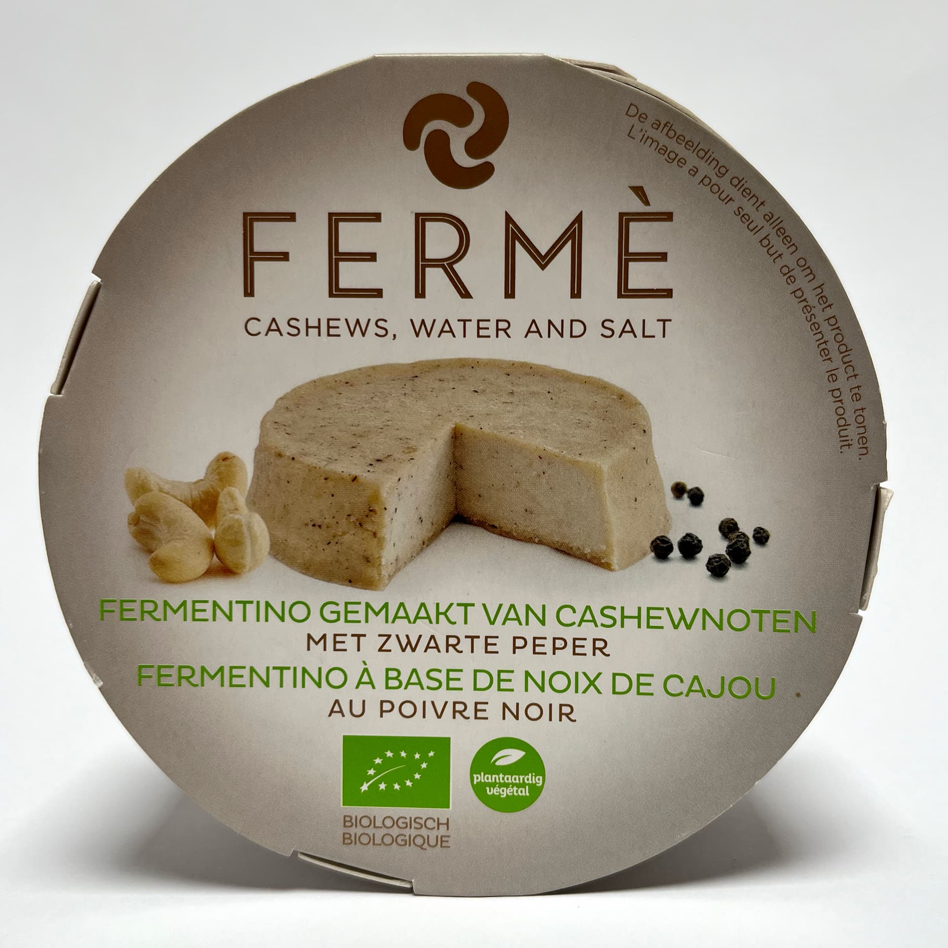 Front of packaging of Fermè Black Pepper vegan cheese by Casa del Fermentino