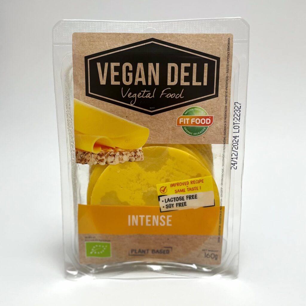 Front of packaging of Intense slices vegan cheese by Vegan Deli