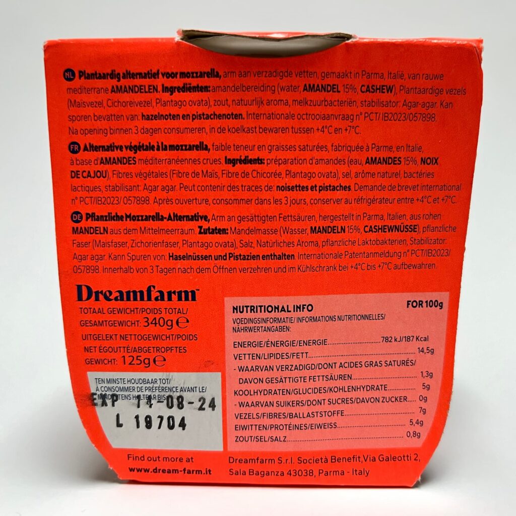 Back of packaging of mozzarella-alternative vegan cheese by Dreamfarm