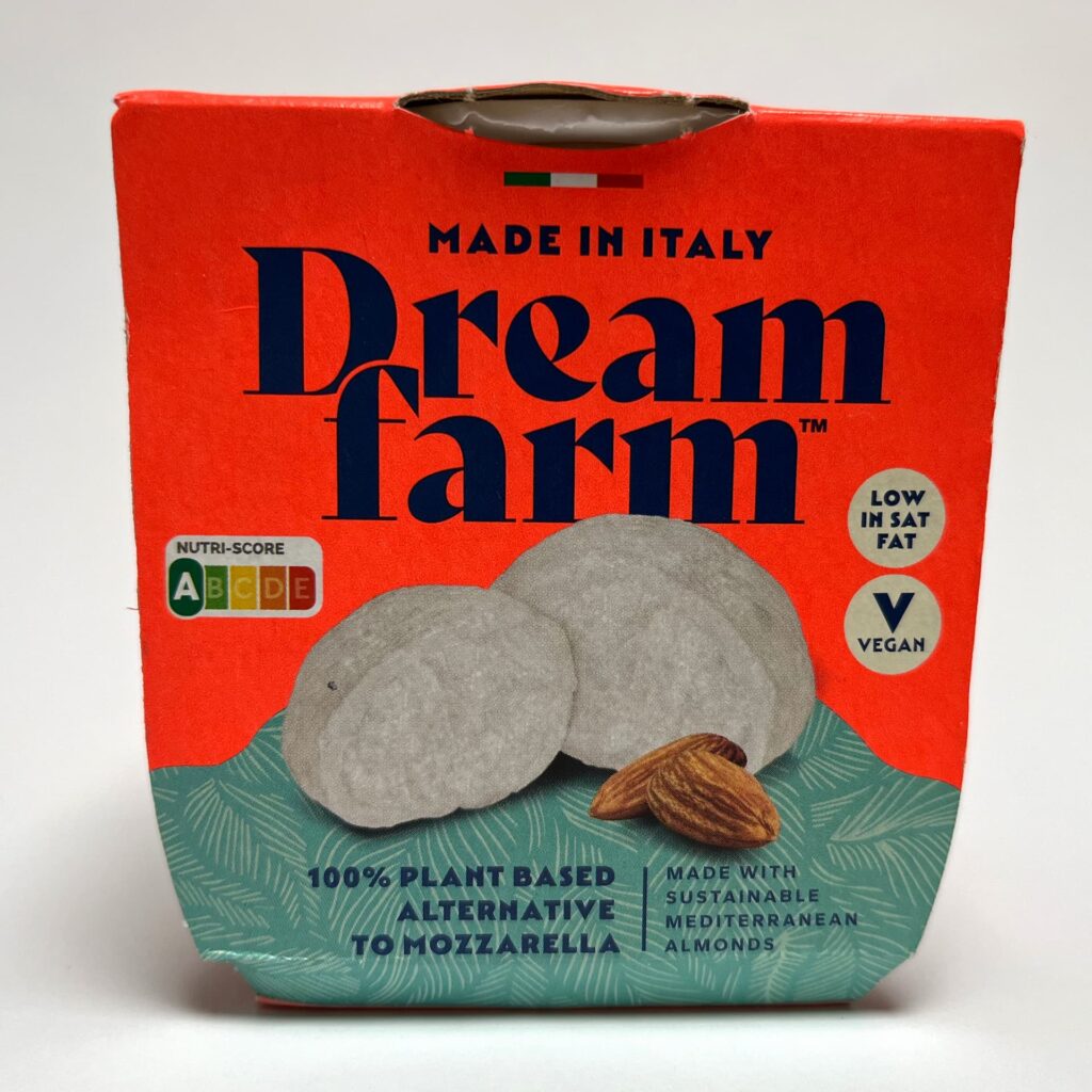 Front of packaging of mozzarella-alternative vegan cheese by Dreamfarm