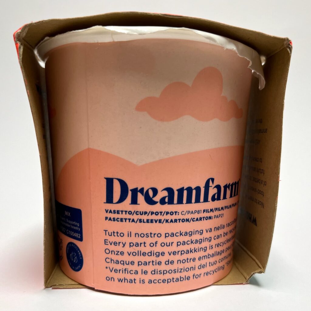 Packaging of mozzarella-alternative vegan cheese by Dreamfarm