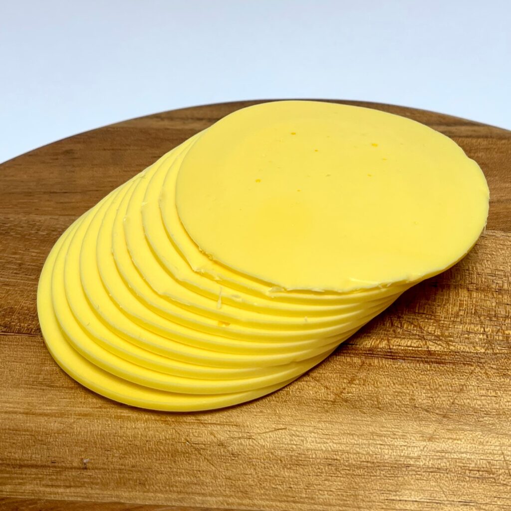 Top view of Original Slices vegan cheese by Vegan Deli