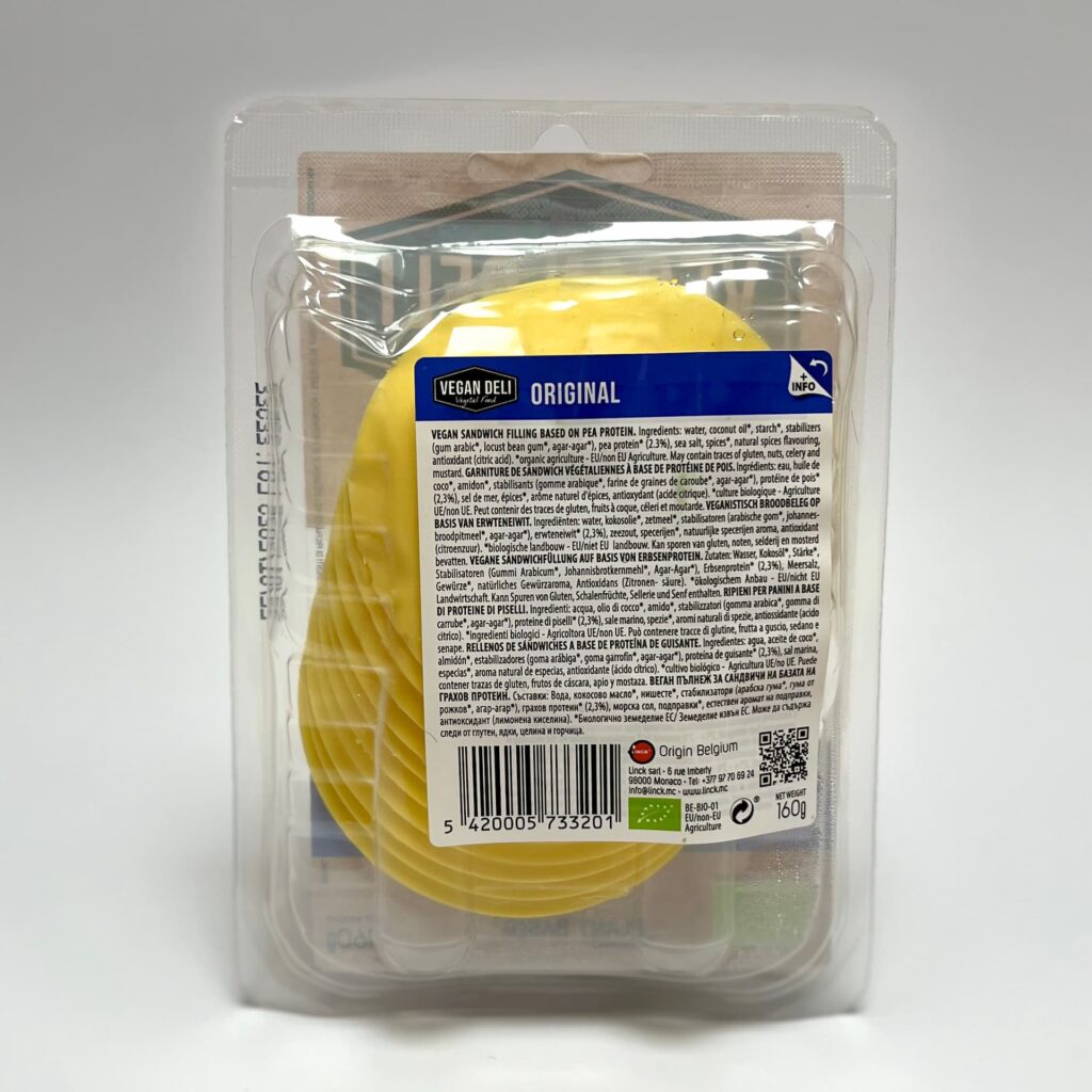 Back of packaging of Original Slices vegan cheese by Vegan Deli