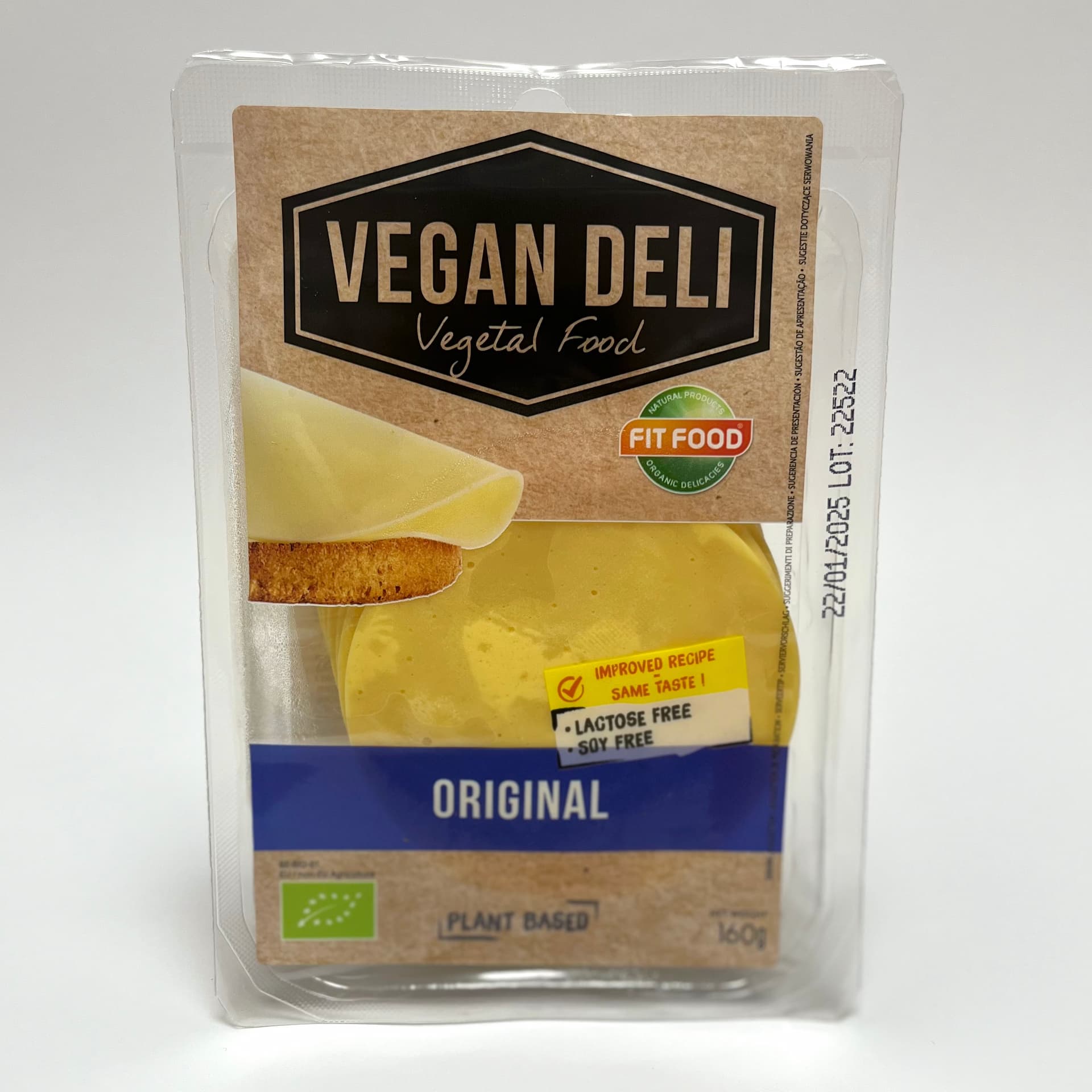 Front of packaging of Original Slices vegan cheese by Vegan Deli