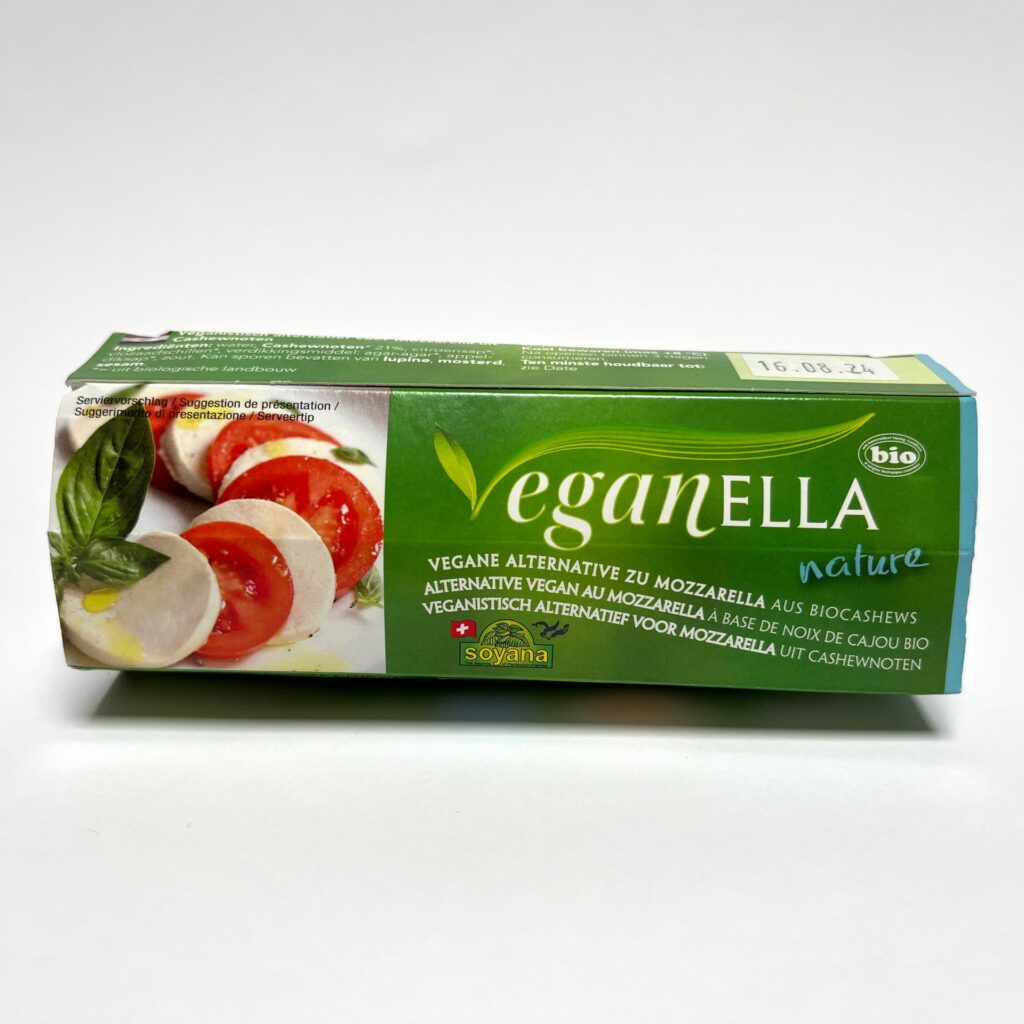 Front of packaging of vegan cheese Veganella Nature by Soyana