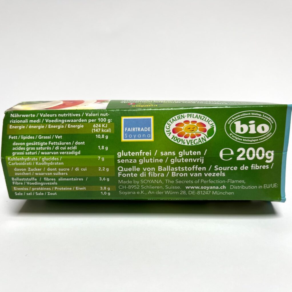 Back of packaging of vegan cheese Veganella Nature by Soyana