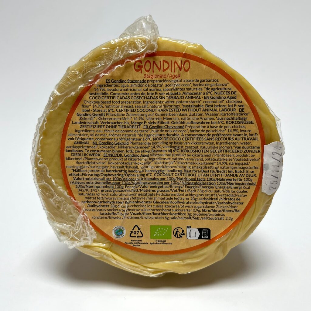 Back of packaging of Gondino vegan cheese by Pangea