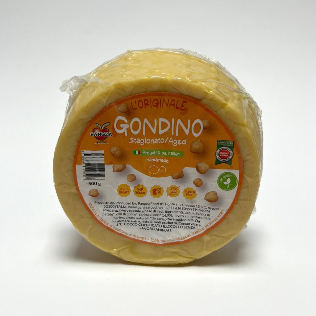 Front of packaging of Gondino vegan cheese by Pangea