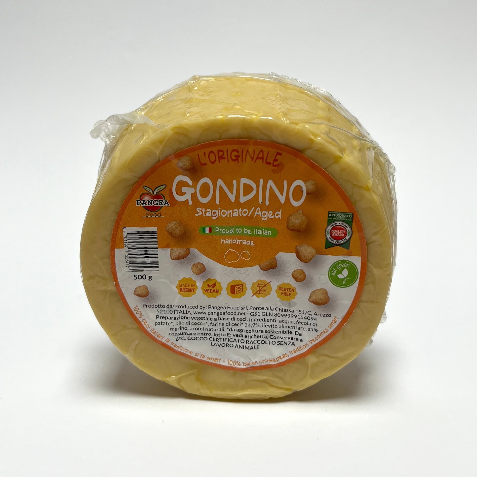 Front of packaging of Gondino vegan cheese by Pangea