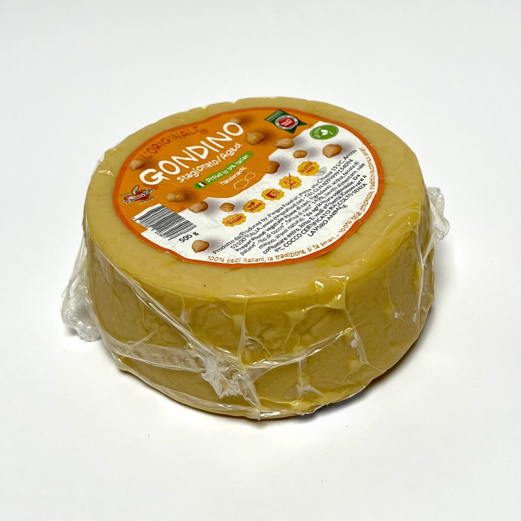 View of packaging of Gondino vegan cheese by Pangea