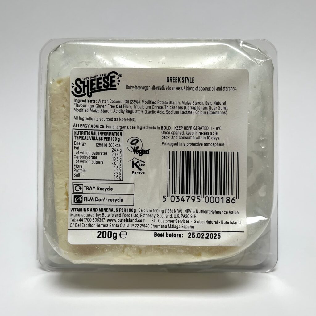 Back of packaging of Sheese Greek Style vegan cheese by Bute Island