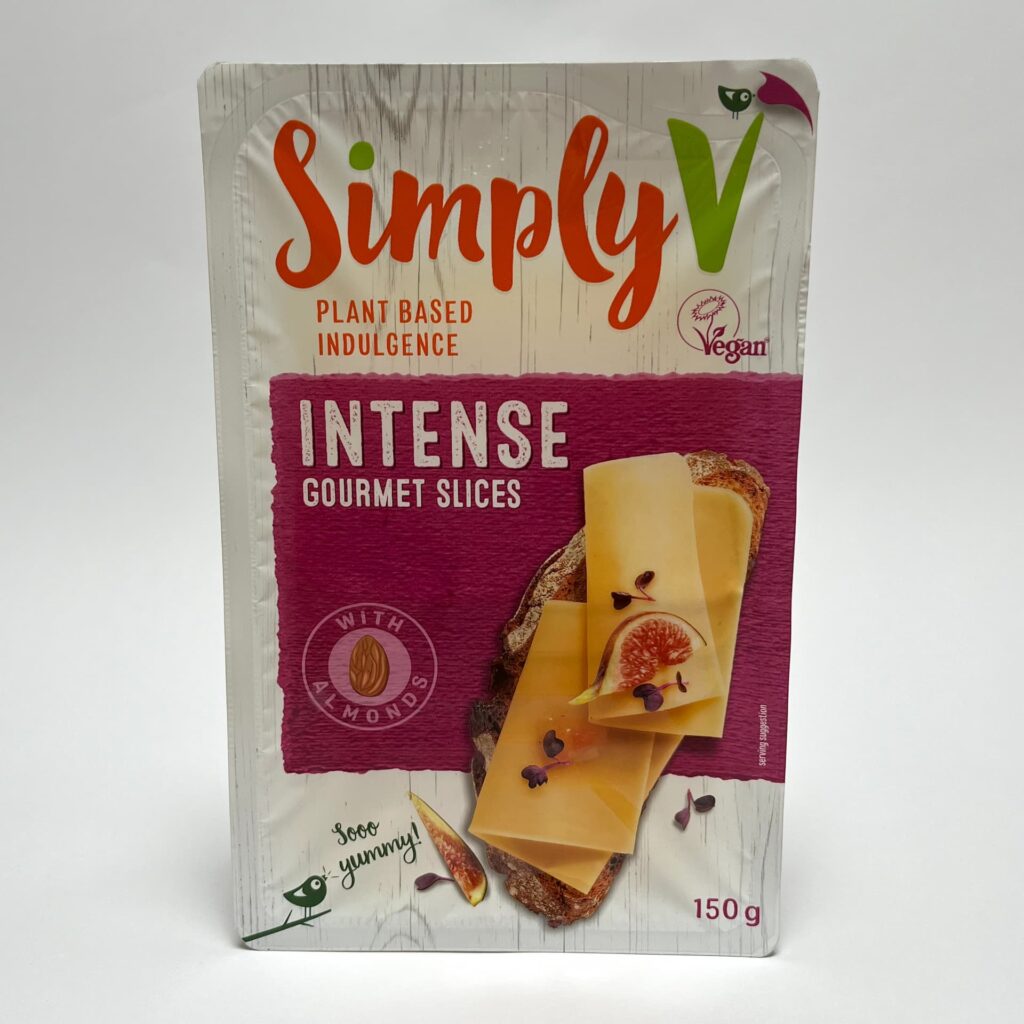 Front of packaging of Intense gourmet slices vegan cheese by Simply V