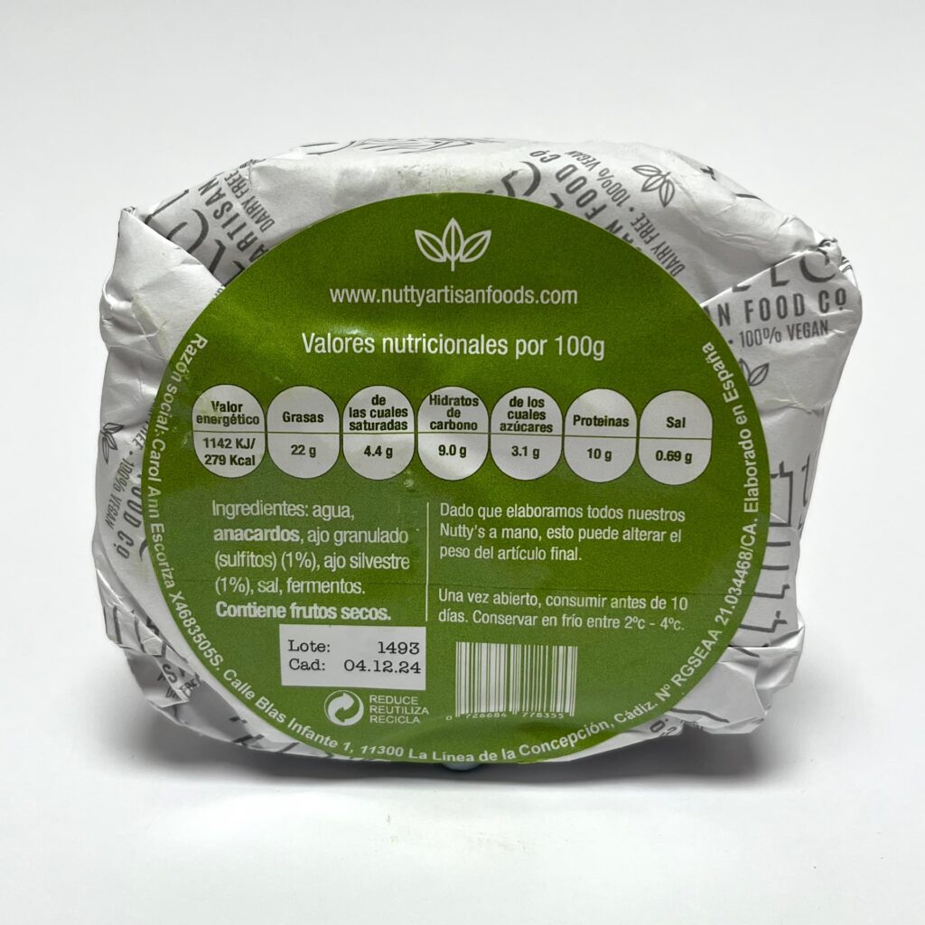 Back of packaging of Wild Garlic vegan cheese by Nutty Artisan Foods