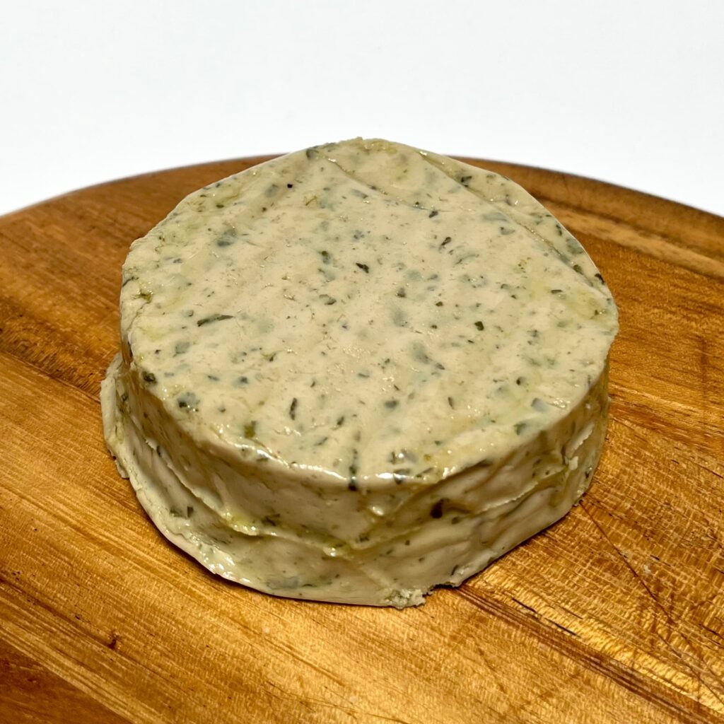 Top view of Wild Garlic vegan cheese by Nutty Artisan Foods