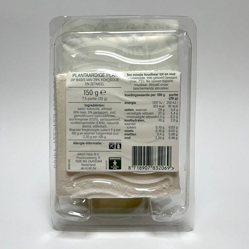 Back of packaging of Plant-based White Slice vegan cheese by AH Terra