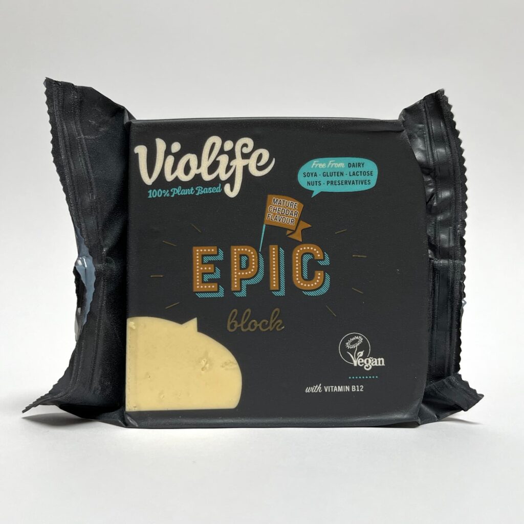 Front of packaging of Epic vegan cheese by Violife