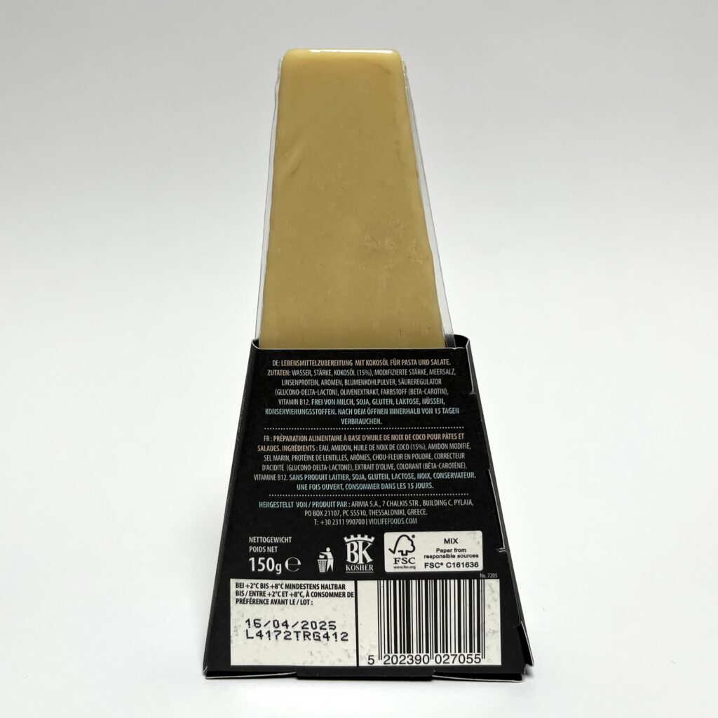 Back of packaging of Gran Prosociano vegan cheese by Violife