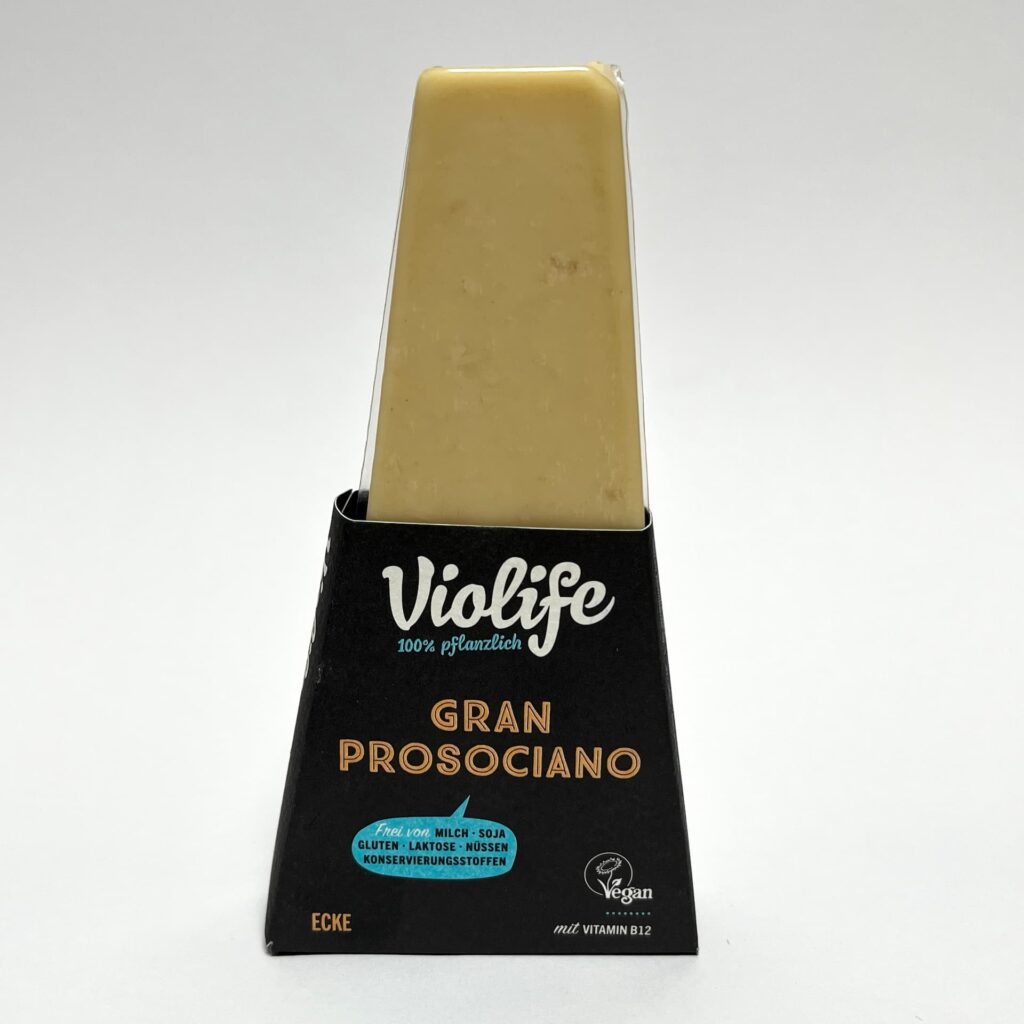 Front of packaging of Gran Prosociano vegan cheese by Violife