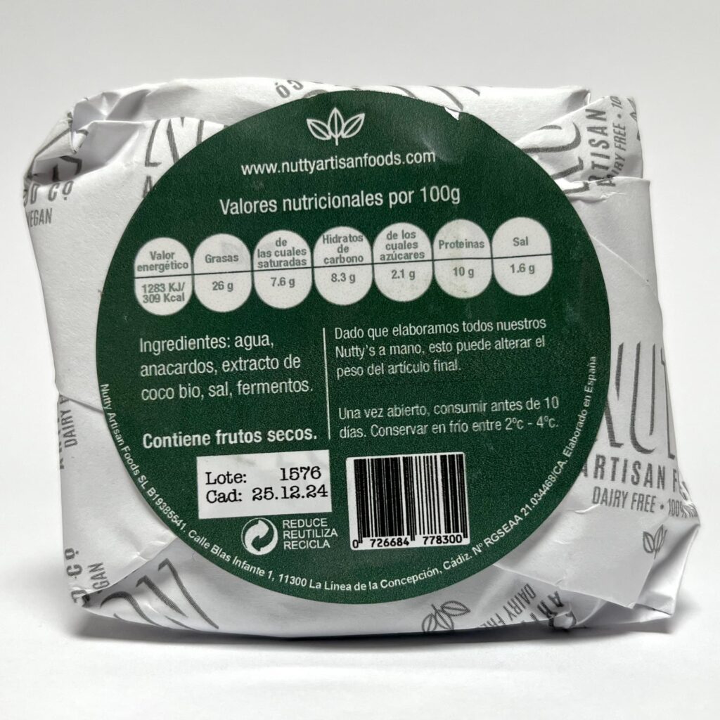 Back of packaging of Simply Blue vegan cheese by Nutty Artisan Foods